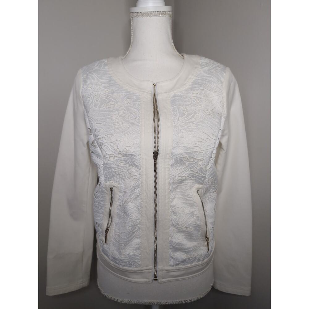 White House Black Market lace denim feminine zip up jacket